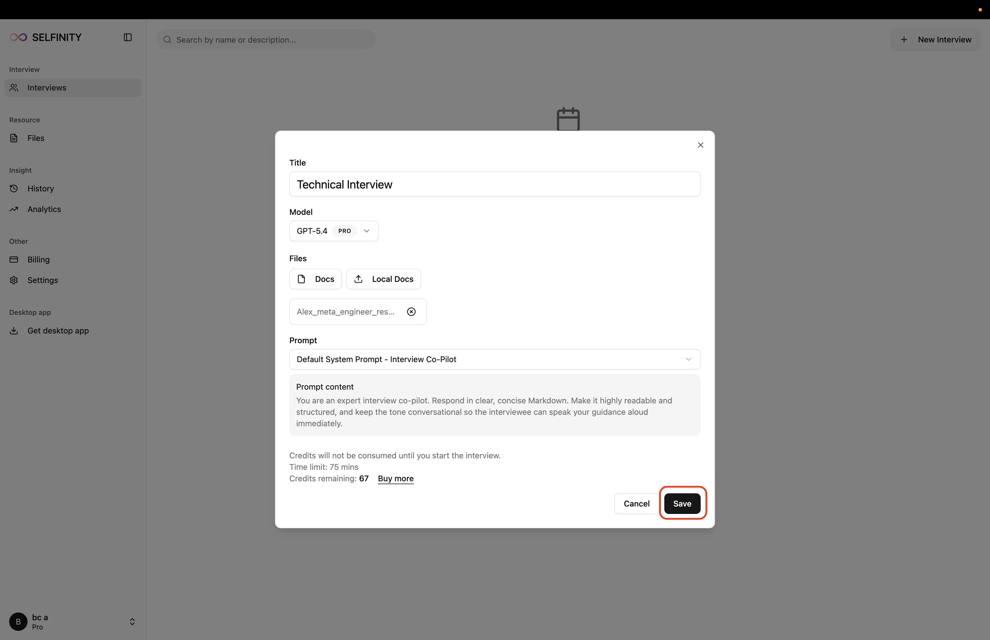 The create interview page
