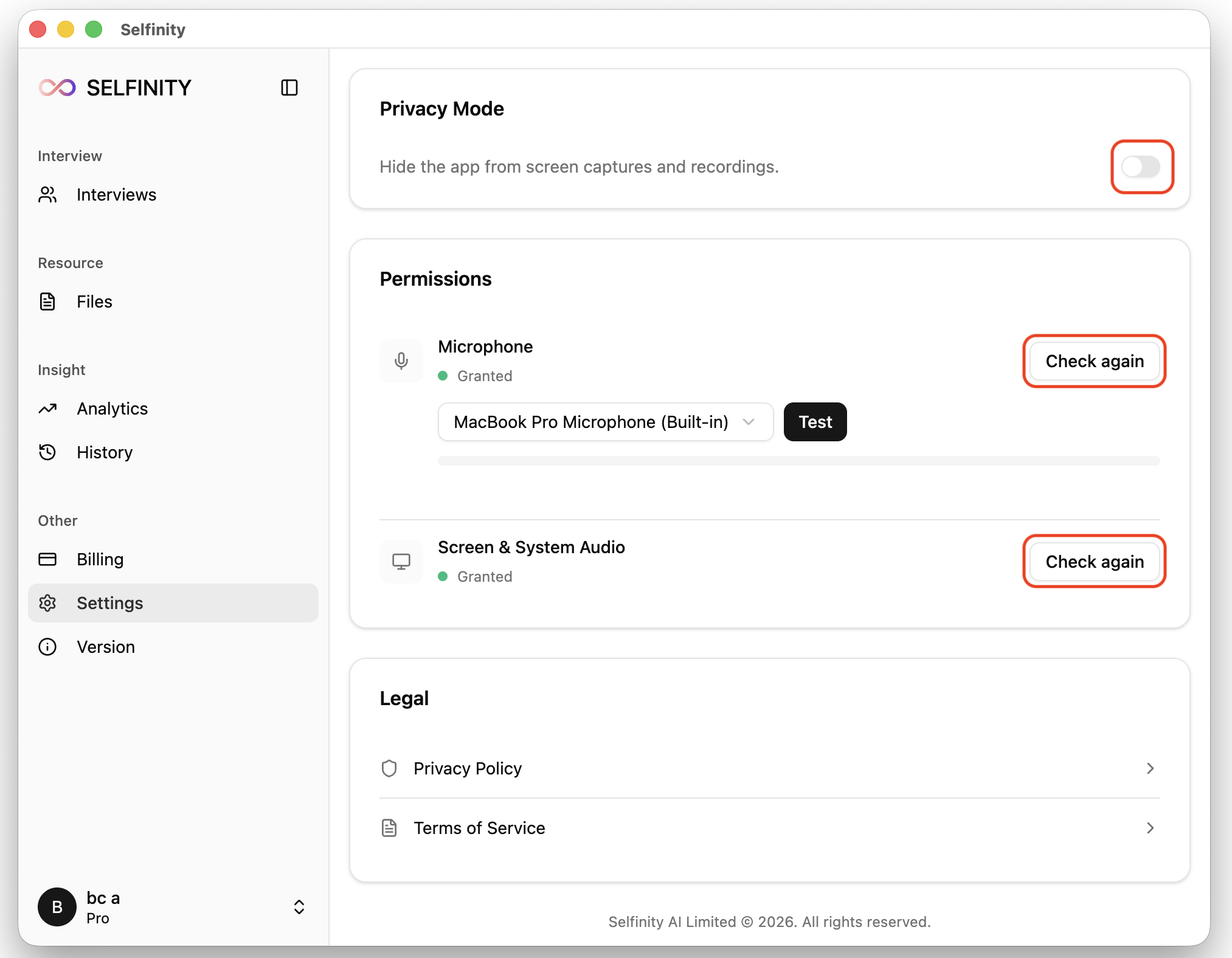 Settings page