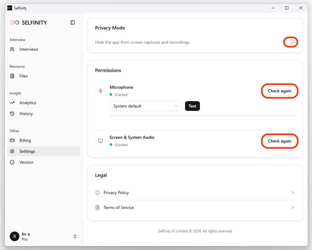 Settings page